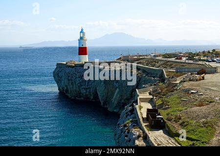 Europa Point Lighthouse Gibraltar ist ein britisches Überseegebiet und eine Stadt an der Südspitze der Iberischen Halbinsel Stockfoto