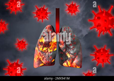 Darstellung kranker menschlicher Lungen umgeben von Viren auf grauem Hintergrund Stockfoto