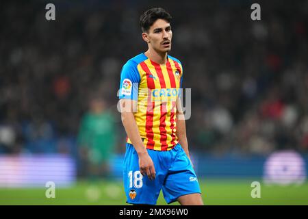 Madrid, Spanien. 02/02/2023, Andre Almeida von Valencia CF während des Spiels La Liga zwischen Real Madrid und Valencia CF, gespielt am 2. Februar 2023 im Stadion Santiago Bernabeu in Madrid, Spanien. (Foto: Bagu Blanco / PRESSIN) Stockfoto