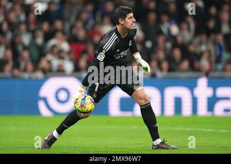 Madrid, Spanien. 02/02/2023, Thibaut Courtois von Real Madrid während des Spiels La Liga zwischen Real Madrid und Valencia CF, gespielt am 2. Februar 2023 im Santiago Bernabeu Stadion in Madrid, Spanien. (Foto: Bagu Blanco / PRESSIN) Stockfoto