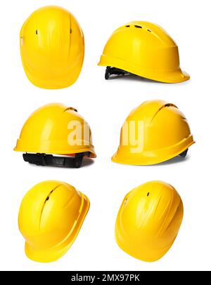 Set mit Schutzhelm auf weißem Hintergrund. Bauwerkzeug Stockfoto