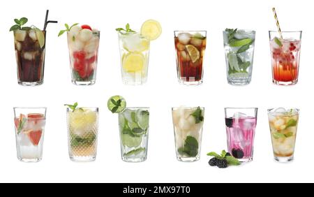 Mit verschiedenen erfrischenden Cocktails auf weißem Hintergrund. Bannerdesign Stockfoto