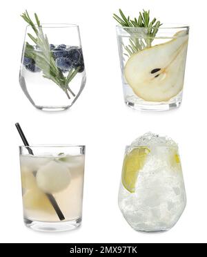 Mit verschiedenen erfrischenden Cocktails auf weißem Hintergrund Stockfoto