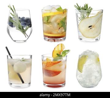 Mit verschiedenen erfrischenden Cocktails auf weißem Hintergrund Stockfoto