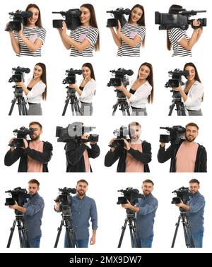 Collage von Bedienern mit professionellen Videokameras auf weißem Hintergrund Stockfoto