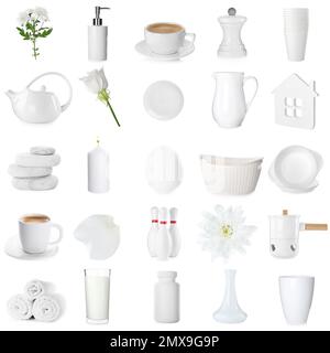 Collage verschiedener Objekte auf weißem Hintergrund Stockfoto