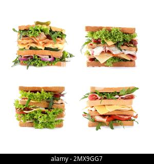 Verschiedene leckere Sandwiches auf weißem Hintergrund Stockfoto