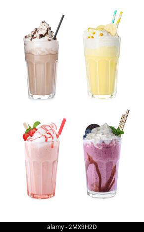 Brillenset mit verschiedenen Proteinshakes auf weißem Hintergrund Stockfoto