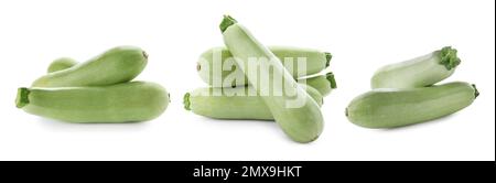 Set frischer reifer Zucchinis auf weißem Hintergrund. Bannerdesign Stockfoto
