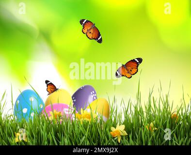 Farbenfrohe Ostereier mit Blumen im grünen Gras und Schmetterlingen auf verschwommenem Hintergrund Stockfoto