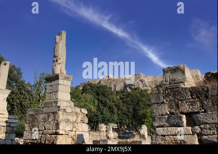 Die Agora von Athen war das kommerzielle, politische und finanzielle Herz der antiken Stadt, das schlagende Herz von Athen, wo der Markt stattfand Stockfoto