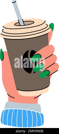 Hand mit Kaffeetasse. Tasse mit Kaffee oder Tee. Menschliche Hand hält Trinkbecher. Kaffeepause, Frühstück. Getränke- und Getränkekonzept. Vektordarstellung Stock Vektor