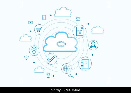 Abbildung einer digitalen Cloud mit verschiedenen Symbolen auf weißem Hintergrund. Modernes Technologiekonzept Stockfoto