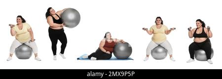 Collage einer übergewichtigen Frau mit Sportball, die Übungen auf weißem Hintergrund macht. Bannerdesign Stockfoto