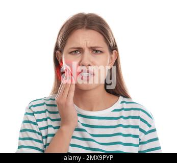 Junge Frau mit Zahnschmerzen auf weißem Hintergrund Stockfoto