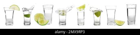 Mexikanische Tequila-Aufnahmen auf weißem Hintergrund. Bannerdesign Stockfoto