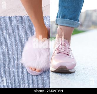 Frau in verschiedenen Schuhen, Nahaufnahme. Konzept der Vereinbarkeit von Arbeit und Leben Stockfoto