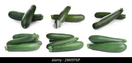 Set frischer reifer Zucchinis auf weißem Hintergrund. Bannerdesign Stockfoto