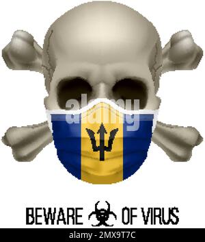 Menschlicher Schädel mit Kreuz und Operationsmaske in der Farbe der Nationalflagge Barbados. Maske in Form der Barbadianischen Fahne und des Schädels als Begriff des Dire Stock Vektor