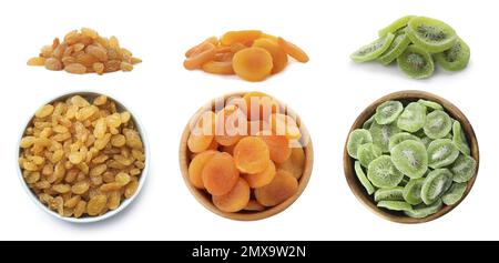 Set aus verschiedenen Trockenfrüchten auf weißem Hintergrund Stockfoto