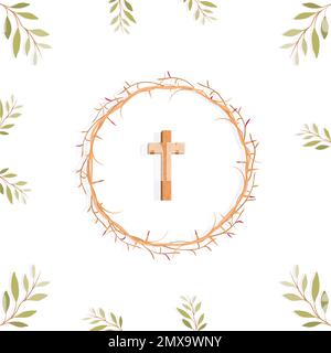 Palm-Sunday-Konzept. Blätter, Kreuz und Dornenkrone. Vektordarstellung Stock Vektor
