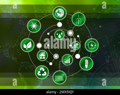 Energieeffizienzkonzept. Verschiedene Symbole auf farbigem Hintergrund Stockfoto