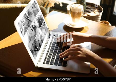 Frau überwacht moderne überwachungskameras auf Laptops in Innenräumen, Nahaufnahme. Heim-Sicherheitssystem Stockfoto