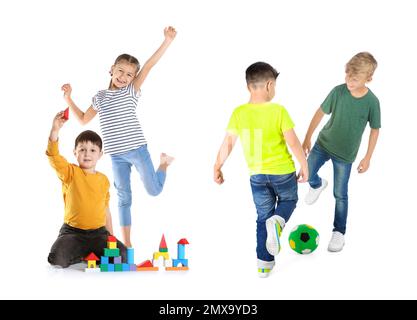 Collage von süßen kleinen Kindern, die auf weißem Hintergrund spielen Stockfoto