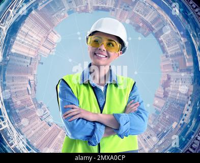 Ingenieur und Panoramablick auf die Stadt im Hintergrund Stockfoto