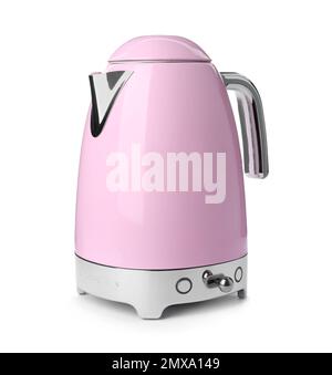 Moderner elektrischer Wasserkocher in Pink mit einem auf Weiß isolierten Sockel Stockfoto