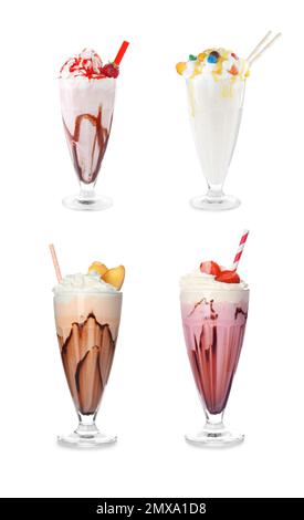 Brillenset mit verschiedenen Proteinshakes auf weißem Hintergrund Stockfoto