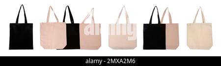 Set mit Eco Bags auf weißem Hintergrund. Bannerdesign Stockfoto