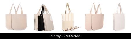 Set mit Eco Bags auf weißem Hintergrund. Bannerdesign Stockfoto