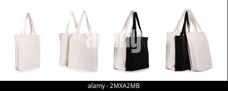 Set mit Eco Bags auf weißem Hintergrund. Bannerdesign Stockfoto