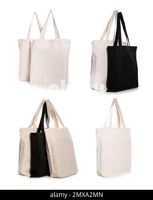 Set mit Eco Bags auf weißem Hintergrund Stockfoto