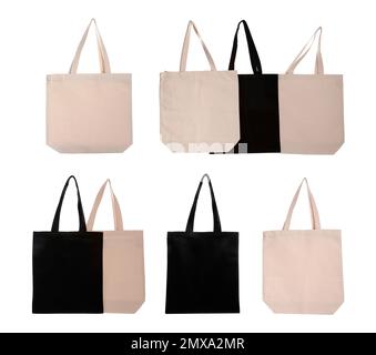 Set mit Eco Bags auf weißem Hintergrund Stockfoto