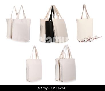Set mit Eco Bags auf weißem Hintergrund Stockfoto