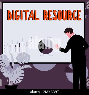 Textzeichen mit digitaler Ressource. Internet-Konzeptinhalte, die digital über das Internet verteilt werden Stockfoto