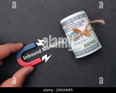 Magnet zum Halten von Händen, um Banknoten mit Word Inbound Marketing anzuziehen. Geschäftskonzept. Stockfoto