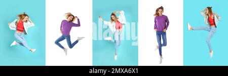Collage mit Fotos von einer Frau in Modekleidung, die auf verschiedenfarbigen Hintergründen springt. Bannerdesign Stockfoto