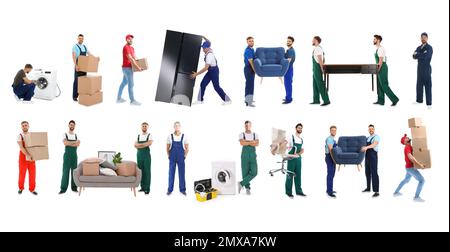 Collage mit Fotos von Arbeitern mit Möbeln und Geräten auf weißem Hintergrund, Bannerdesign. Umzugsdienst Stockfoto