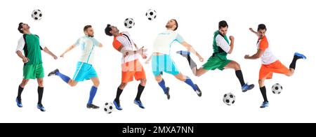 Collage mit Fotos junger Männer, die Fußball spielen, auf weißem Hintergrund. Bannerdesign Stockfoto