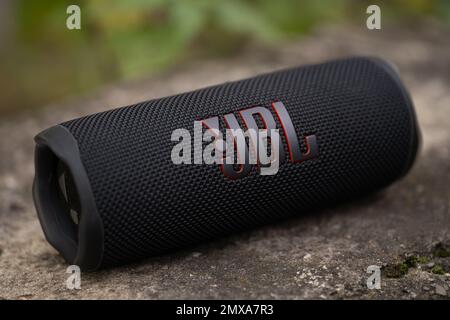 LEMBERG, UKRAINE - 12. OKTOBER 2022: JBL Flip 6 Black, tragbarer bluetooth-Lautsprecher für den Außenbereich Stockfoto