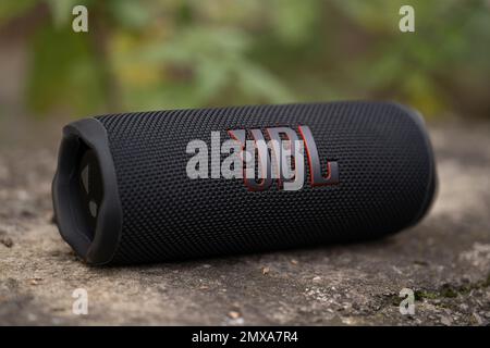 LEMBERG, UKRAINE - 12. OKTOBER 2022: JBL Flip 6 Black, tragbarer bluetooth-Lautsprecher für den Außenbereich Stockfoto