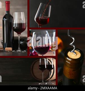 Set mit Gläsern und Flaschen Rotwein Stockfoto