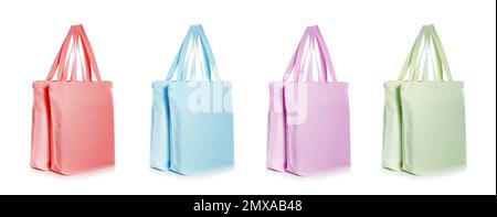 Set aus farbenfrohen umweltfreundlichen Beuteln auf weißem Hintergrund. Bannerdesign Stockfoto