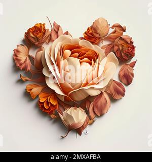 Zeichnungsstil der Gruppe trockener Rosenblumen in Herzform auf weißem Hintergrund anordnen. Stockfoto