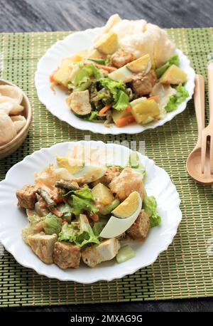 Gado-gado, traditionelles indonesisches Essen enthält Lontong, Reiskuchen, Eier und Gemüse mit Erdnusssoße-Dressing Stockfoto