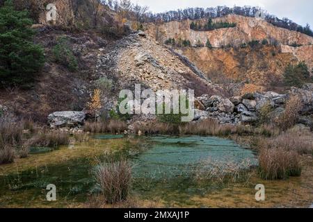 Stillgelegter Porphyrie-Steinbruch, Dossenheim, Baden-Württemberg, Deutschland Stockfoto