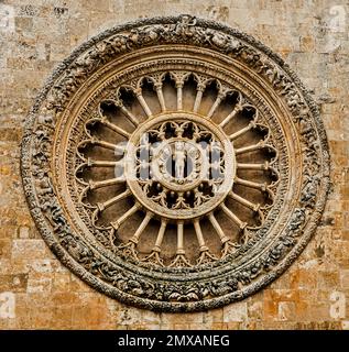 Grandioses Rosenfenster der Kathedrale Santa Maria Assunta aus dem 15. Jahrhundert Ostuni, Apulien, Ostuni, Apulien, Italien Stockfoto